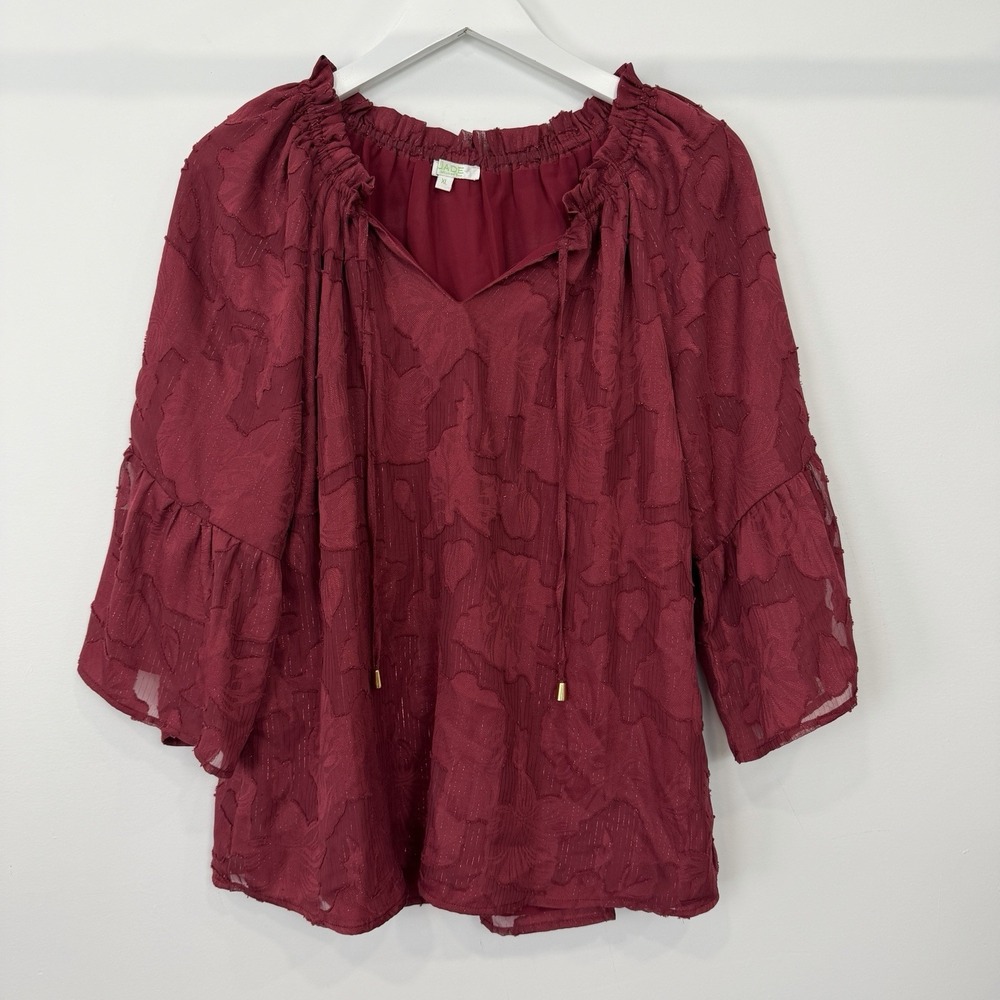 Jade Melody Tam Bell Sleeve XL Textured Sheer Blouse Burgundy Boho Romantic Top